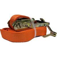 Fascia di ancoraggio in poliestere con cricchetto e ganci ad uncino. Lunghezza 9 mt, (0.5+8.5) altezza fascia 50 mm, portata 5 ton